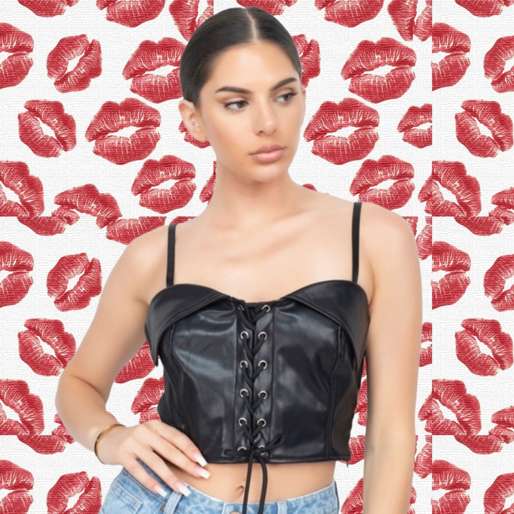 Black Lace-Up Leather Crop Top
